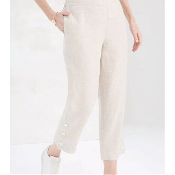 Chico’s Linen Button Hem Cropped Wide Leg Elastic Waist Size 0/US 4 Beige Tan - Picture 1 of 11